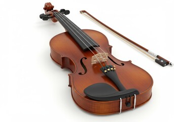Fototapeta premium A brown violin with a bow lying next to it on a white background in a studio setting looking elegant