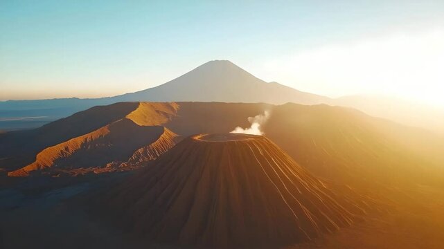 Exploring Volcano Landscape at Sunrise with Steaming Crater Aerial View