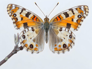Detailed butterfly wings with orange white  brown patterns on branch against a white background