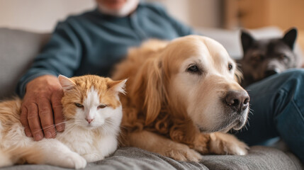Fototapeta na wymiar Senior man relaxing on couch with golden retriever dog cat and another dog pet friendship family time