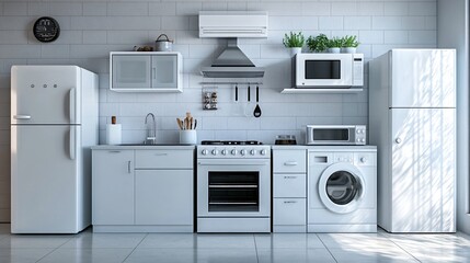Modern kitchen interior with white appliances and minimalistic design in bright natural light