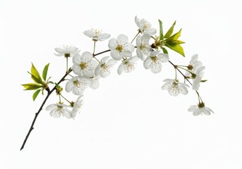 Fototapeta premium A branch with white blossoms and green leaves on a bright white background in a studio setting light