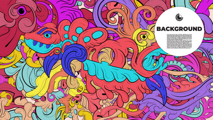 Playful Cartoon Monster Character with Tentacles, Eyes, Feathers, and Leaves – Fun Fantasy Wallpaper Design