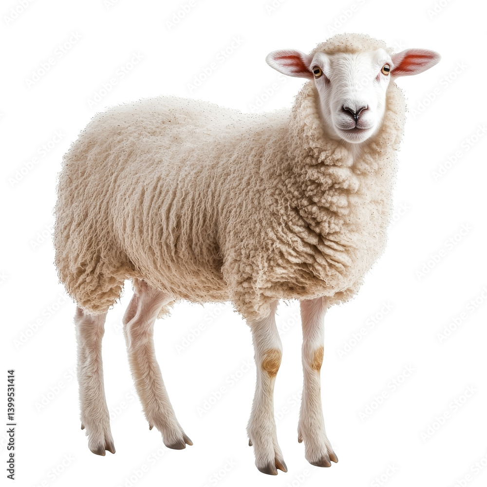 Poster a fluffy sheep stands calmly against a plain transparent background, showcasing its soft wool and ge
