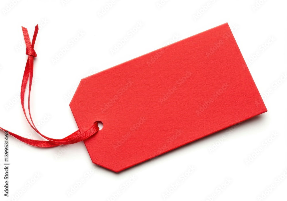 Poster a bright red price tag with a ribbon on a white background showing a simple and clean presentation s