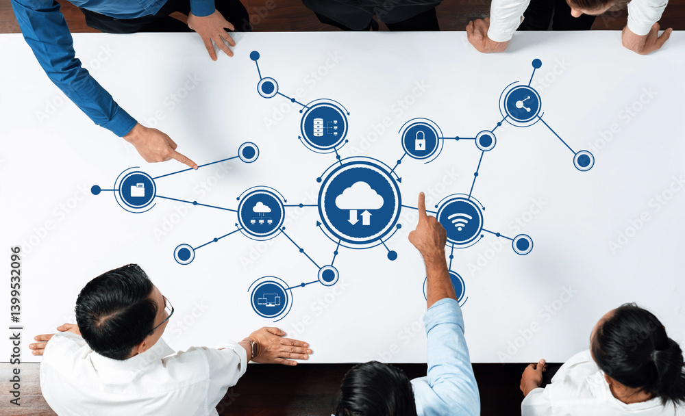 Leinwandbilder a group of professionals collaborate over a cloud network visualization on a table, illustrating mod
