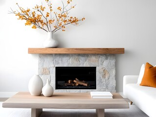 Tranquil and welcoming modern farmhouse inspired living space centered around a stone fireplace with a reclaimed wood mantel  Featuring a soft earthy color palette natural fabrics and textures