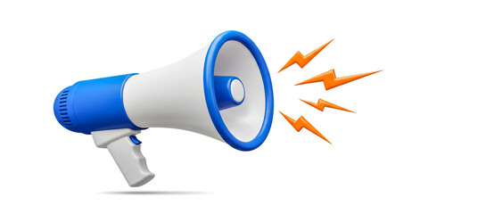 Blue and White Megaphone on Plain White Background