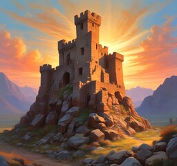 Obraz premium Illustration of landscape with old castle ruins.