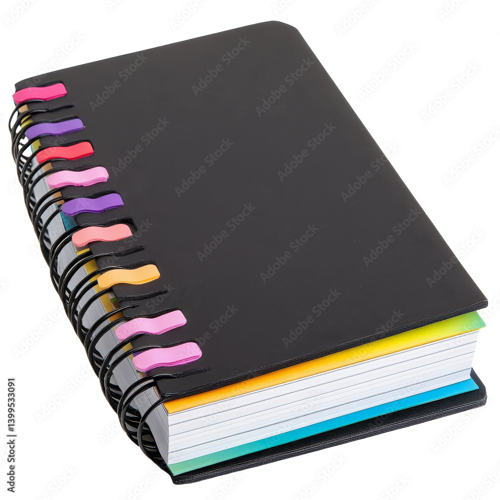 Poster closed black notebook with colorful tabs resting on a transparent background ready for notes and ide