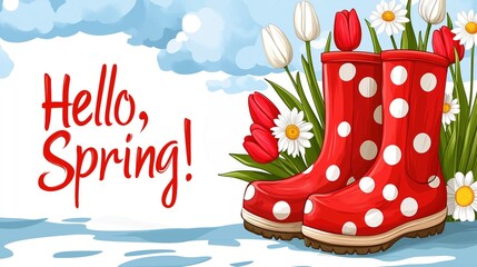 Polka dot red rain boots near tulips and daisies on sky background, with text hello, spring