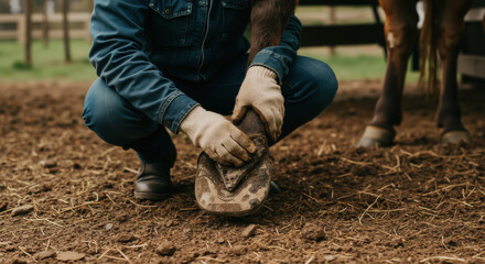 Person cleaning horse hoof with farrier tools on farm ground. Equine care technique for animal health maintenance and proper horseshoe fitting