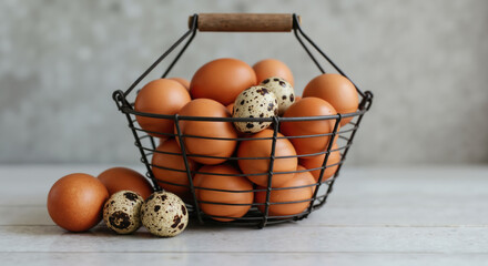 Wire basket filled with brown and quail eggs on white table. Farm fresh produce for cooking ingredients and protein rich food source