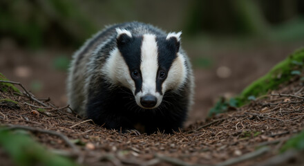 Obraz premium European badger with distinctive black and white striped face walking on forest floor. Wildlife in natural habitat for nature conservation and environmental protection awareness