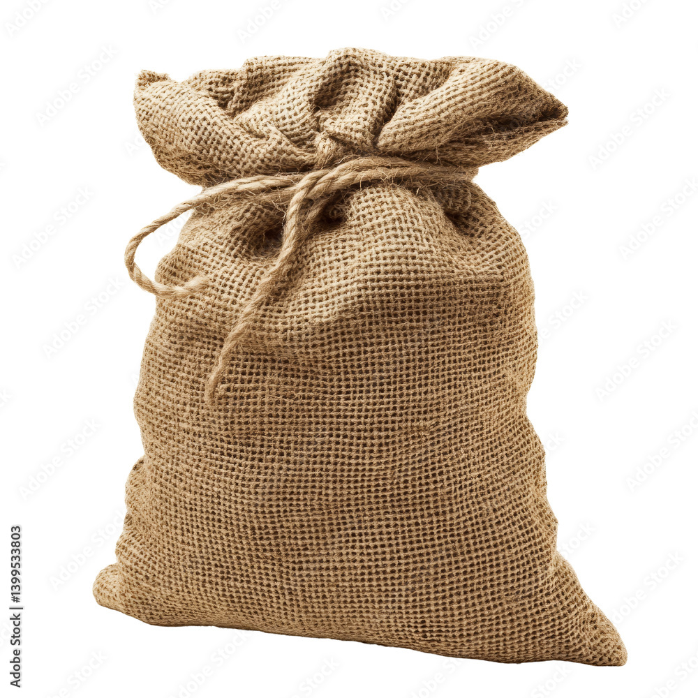 Poster an empty burlap sack tied at the top, suitable for storage or decoration in various settings, empty 