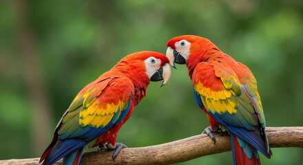Obraz premium Pair of scarlet macaws perched on wooden branch facing each other. Colorful tropical birds for wildlife conservation and exotic avian protection campaigns
