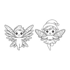  Set of a beautiful lovable happy elf line art silhouette vector for coloring book.