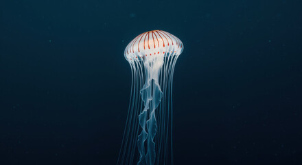 Jellyfish with translucent white bell and red stripes floating in deep blue ocean. Marine invertebrate with long trailing tentacles for underwater ecosystem conservation awareness campaigns