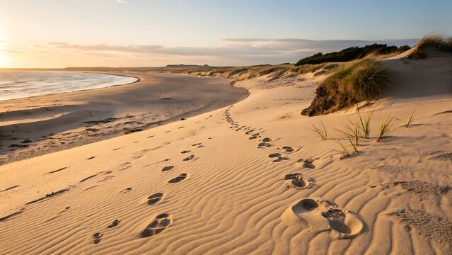 Footprints in the sand at sunset, beach landscape