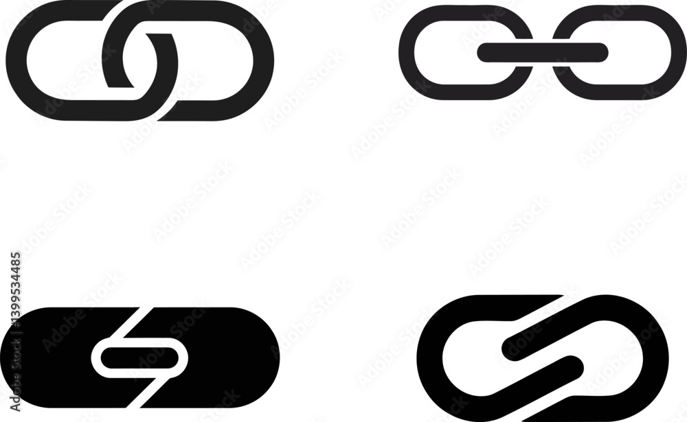 Poster set of four chain link vector sign symbols icons, assorted link symbol collection, black white and t