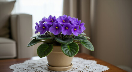 African violet plant with purple flowers in beige ceramic pot on wooden table with lace doily. Blooming houseplant for home decoration and natural living accent