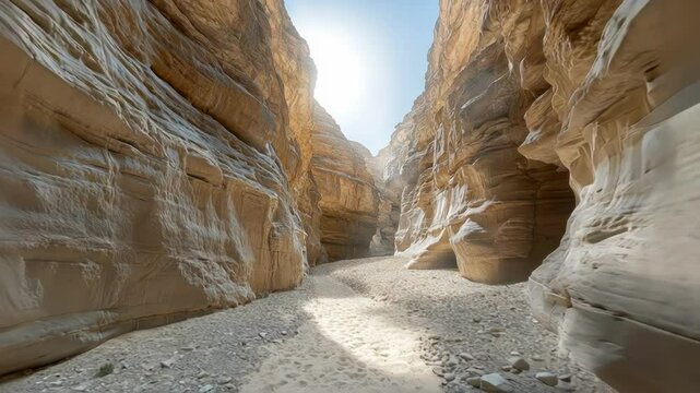 A serene canyon with towering rock formations illuminated by sunlight.