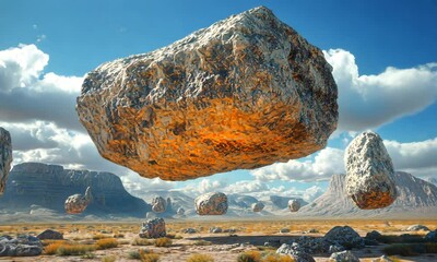 Surreal Landscape with Floating Boulders Under a Cloudy Sky in Desert Scenery - Powered by Adobe