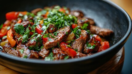 A fajita skillet with sizzling beef, colorful vegetables, and garnished with fresh herbs 