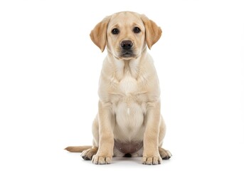 Obraz premium A golden labrador puppy sitting upright and looking directly at the camera on a white background plain studio