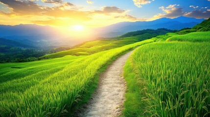 Fototapeta premium Sunsets over Asian rice paddies, scenic path, tranquil countryside