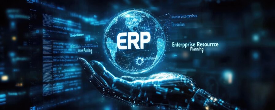 Digital Hand Holding Globe with ERP Text and Programing Code Background