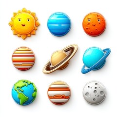 Fototapeta premium Colorful Cartoon Planets and Sun Illustration