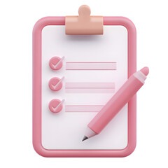 A pink checklist on a clipboard with a pen.