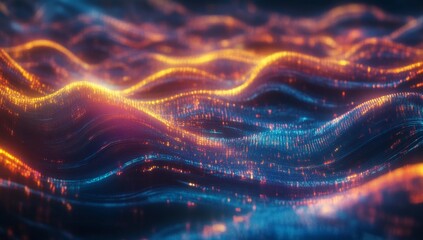 Abstract digital waves of light and color.  Dynamic patterns of energy and movement.  Intricate glowing particles flow in undulating forms.  