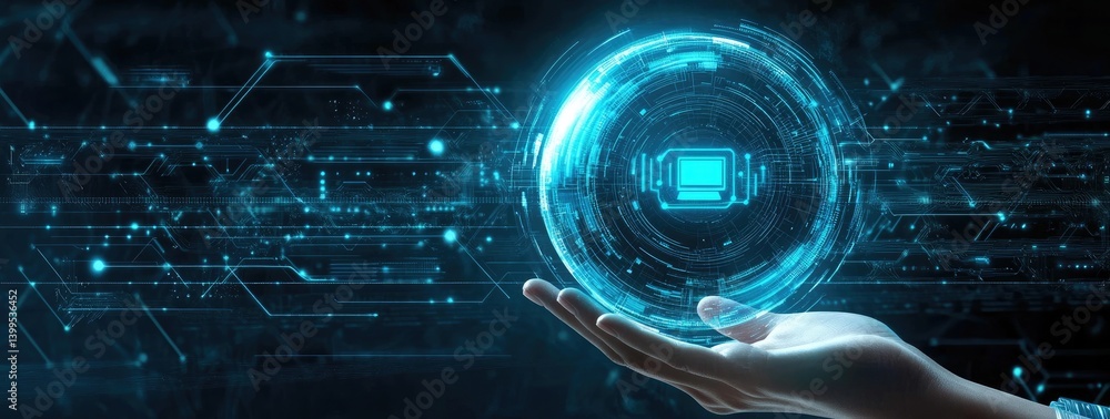 Poster digital screen in hand with glowing blue circuit background on transparent