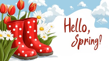 Red polka dot rain boots near tulips and daisies on sky background, with text hello, spring