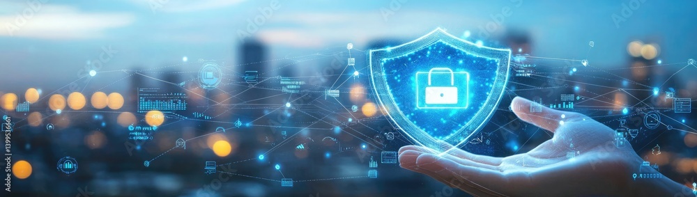 Poster digital security shield on hand over cityscape, futuristic cyber data connection view