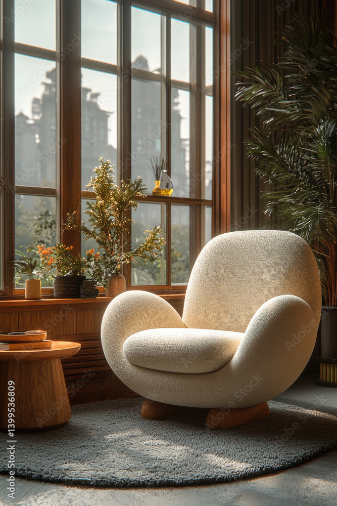 Aufkleber cozy and modern chair positioned near large window, surrounded by greenery and decorative plants. wa