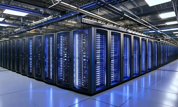 High-tech data center with glowing server racks, blue ambient lighting, and network cabling. Modern cloud computing infrastructure concept.