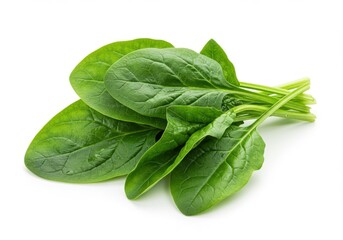 Close up shot of a bunch of fresh spinach leaves with stems on a white background in a studio setting