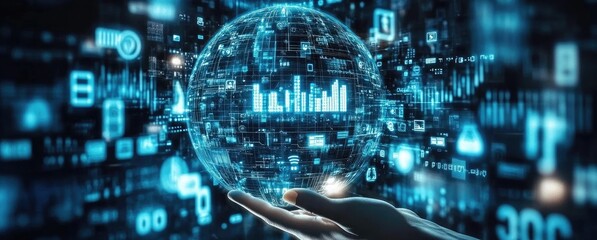 Digital Sphere on Hand Glowing Interface, Holographic Overlay, Futuristic Tech