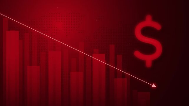 Financial trading graph with candlestick chart on dark red digital background ,downtrend dollar price decrease investment background animation portrait