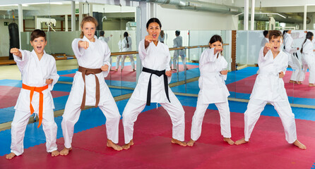 Naklejka premium Schoolchilds are practicing new technique by repeating for the female trainer in karate class