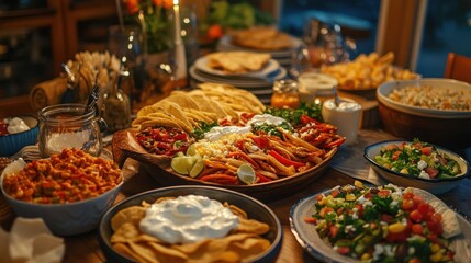 A lively fajita dinner table with a variety of toppings, including sour cream and cheese