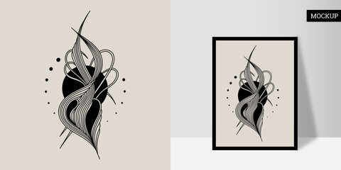 Wall art is hand-painted. Line art is black on a light background. Wavy lines with a circle. Poster with geometric shape. Vector illustration. Design for print card, cover, wallpaper, home decor.