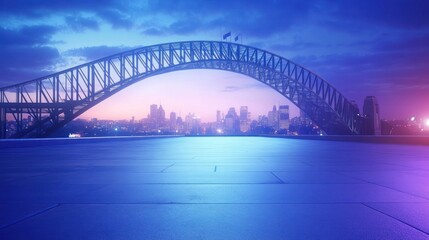 Obraz premium Sydney Harbour Bridge at dawn, city view from rooftop, panoramic cityscape, potential use for travel and tourism brochure