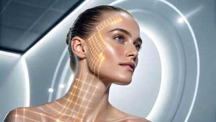 Cutting-edge beauty tech concept showing AI scanning a model’s face with radiant skin highlights. Ideal for premium skincare campaigns, tech-enhanced beauty ads, and luxury health diagnostics.