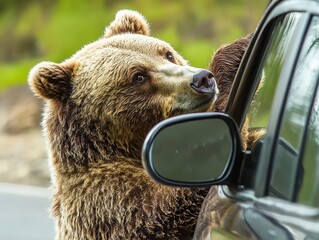 A curious brown bear peers into a vehicle window. Wildlife encounters can be risky for both humans...