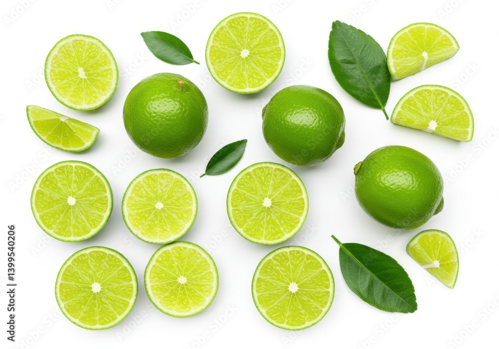 Poster a top down view of limes and lime slices with green leaves scattered on a white background surface