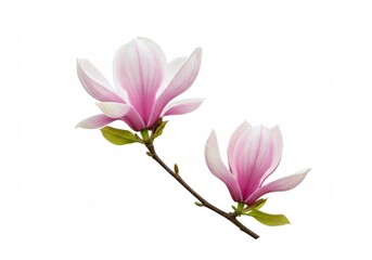 Two pink magnolia flowers blooming on a branch against a plain white background in a close up view